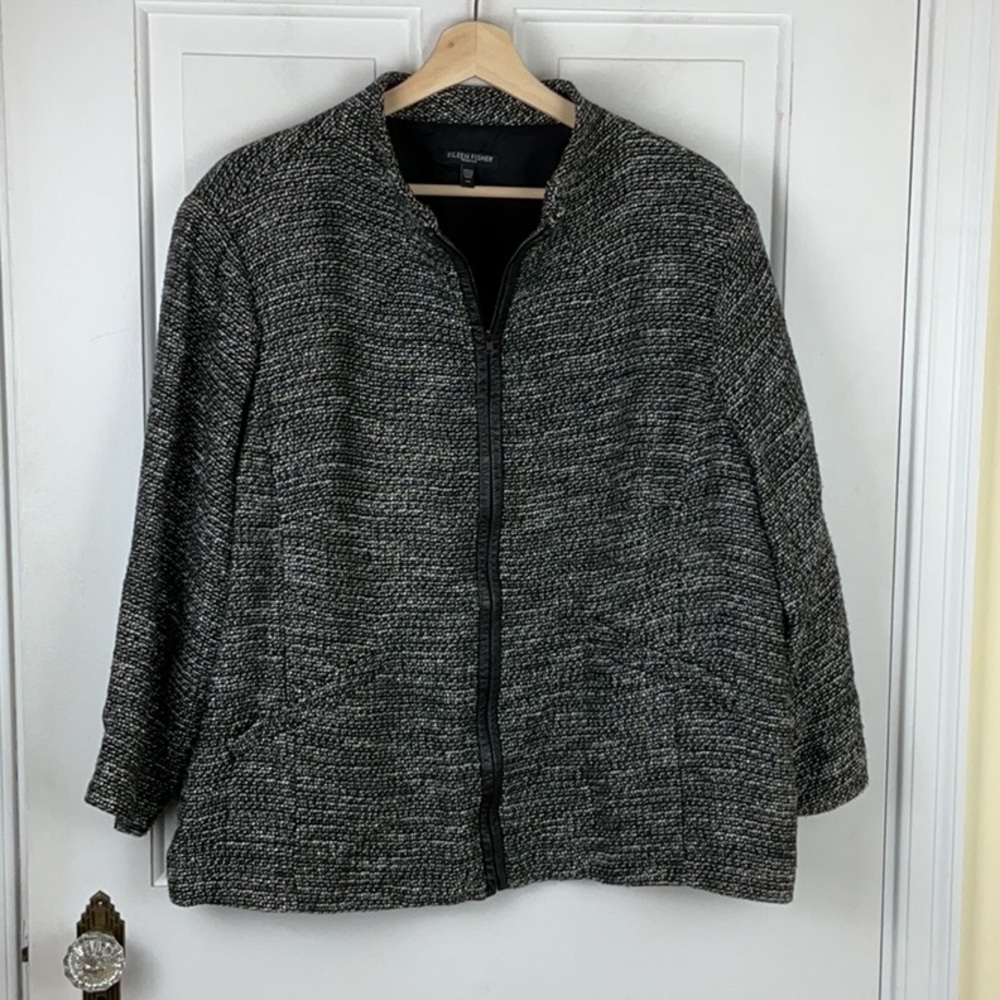 Eileen Fisher Linen Cotton Tweed Blazer Leather Trim Front Zip Jacket Size 2X